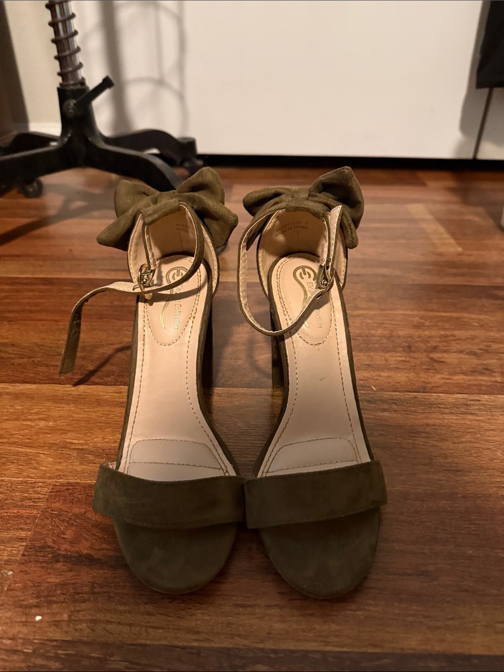 Olive Green Suede Ankle-Strap Heels with Bow